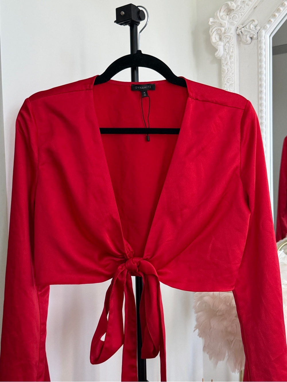 Dynamite Red Satin Tie Front Bell Sleeve Crop Top - Picture 5 of 11
